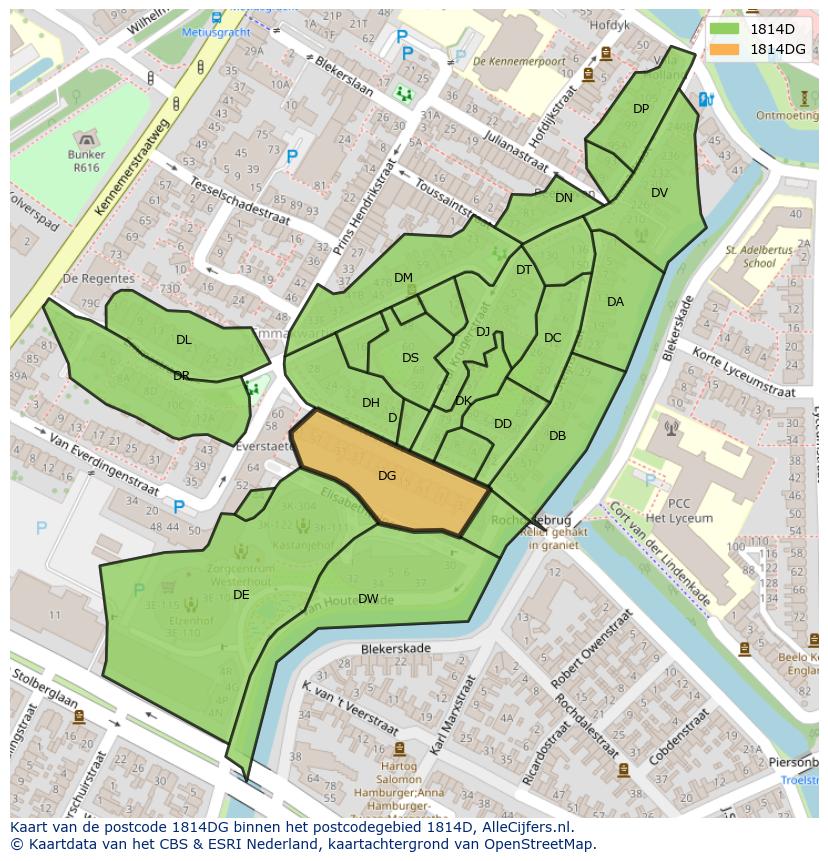 Afbeelding van het postcodegebied 1814 DG op de kaart.