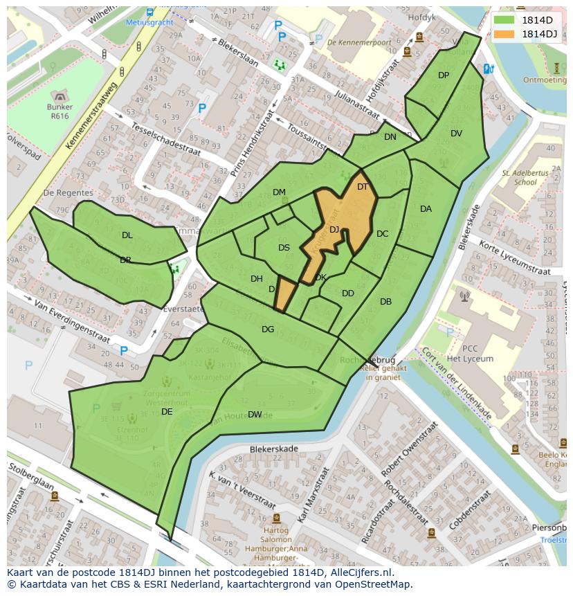 Afbeelding van het postcodegebied 1814 DJ op de kaart.