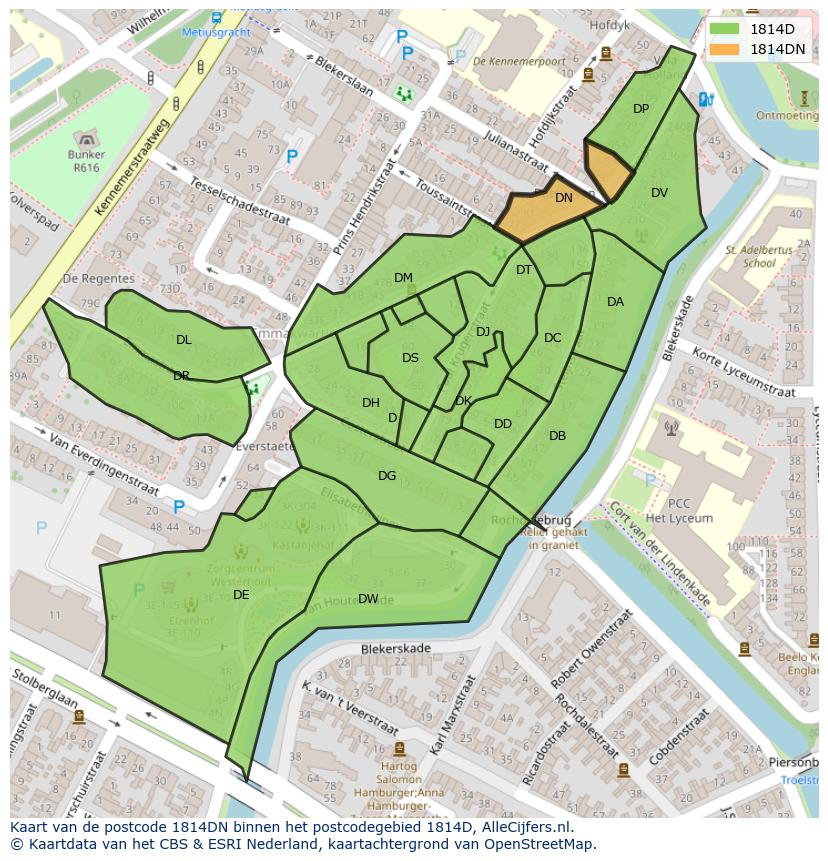 Afbeelding van het postcodegebied 1814 DN op de kaart.