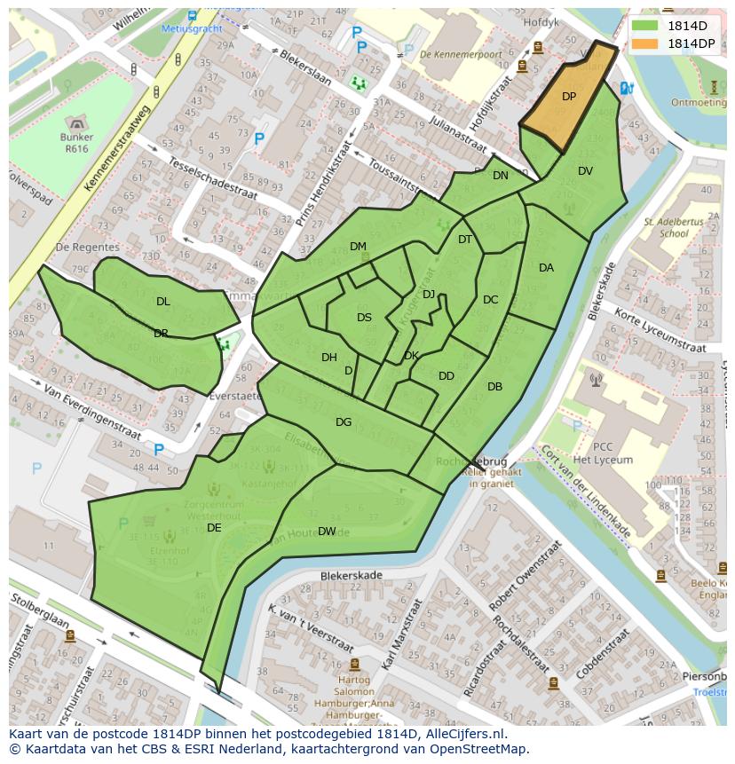 Afbeelding van het postcodegebied 1814 DP op de kaart.