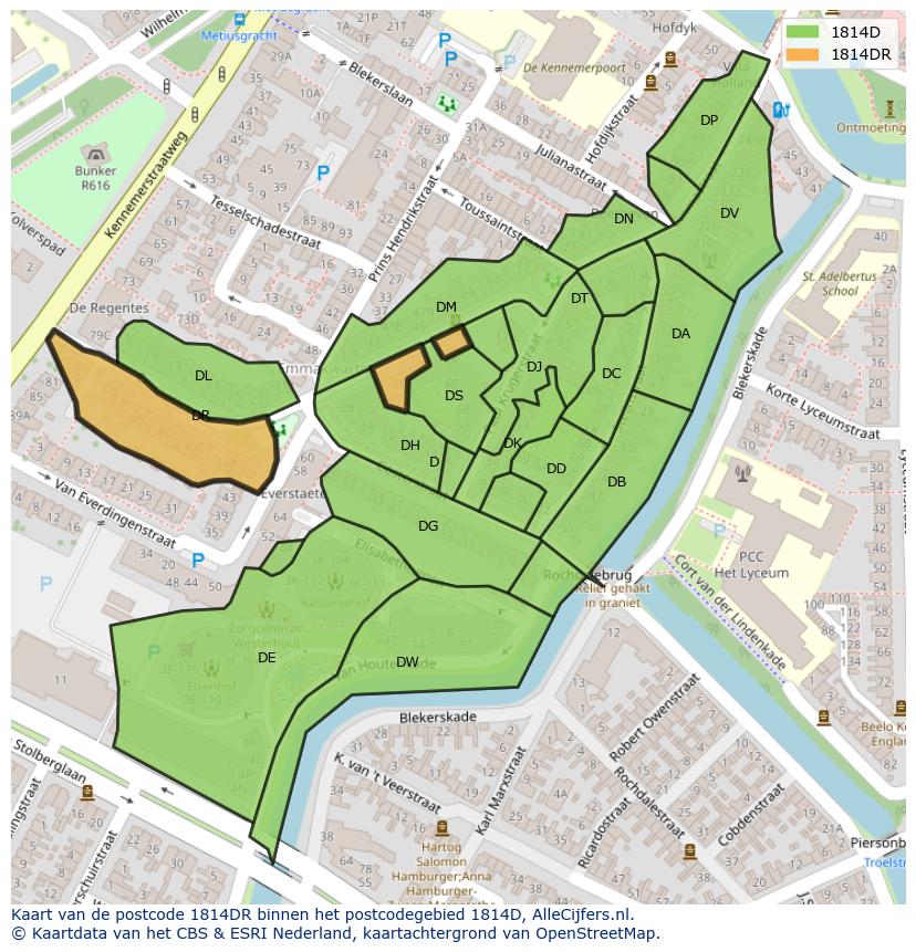 Afbeelding van het postcodegebied 1814 DR op de kaart.