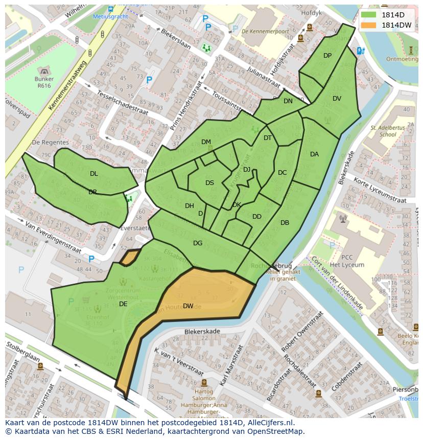 Afbeelding van het postcodegebied 1814 DW op de kaart.