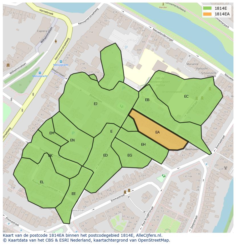 Afbeelding van het postcodegebied 1814 EA op de kaart.