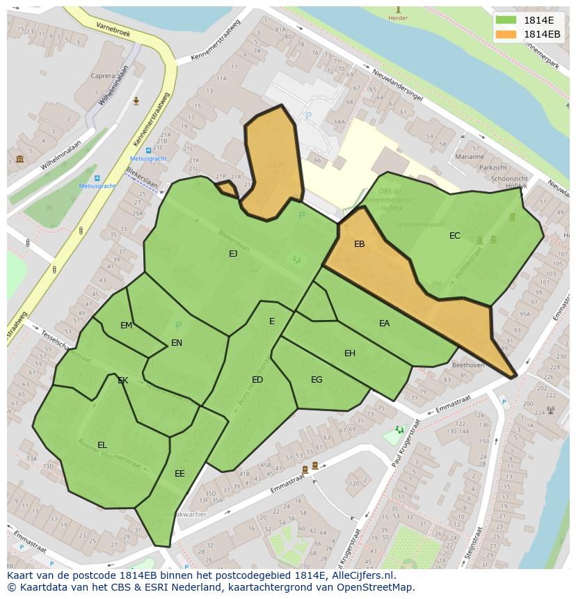 Afbeelding van het postcodegebied 1814 EB op de kaart.