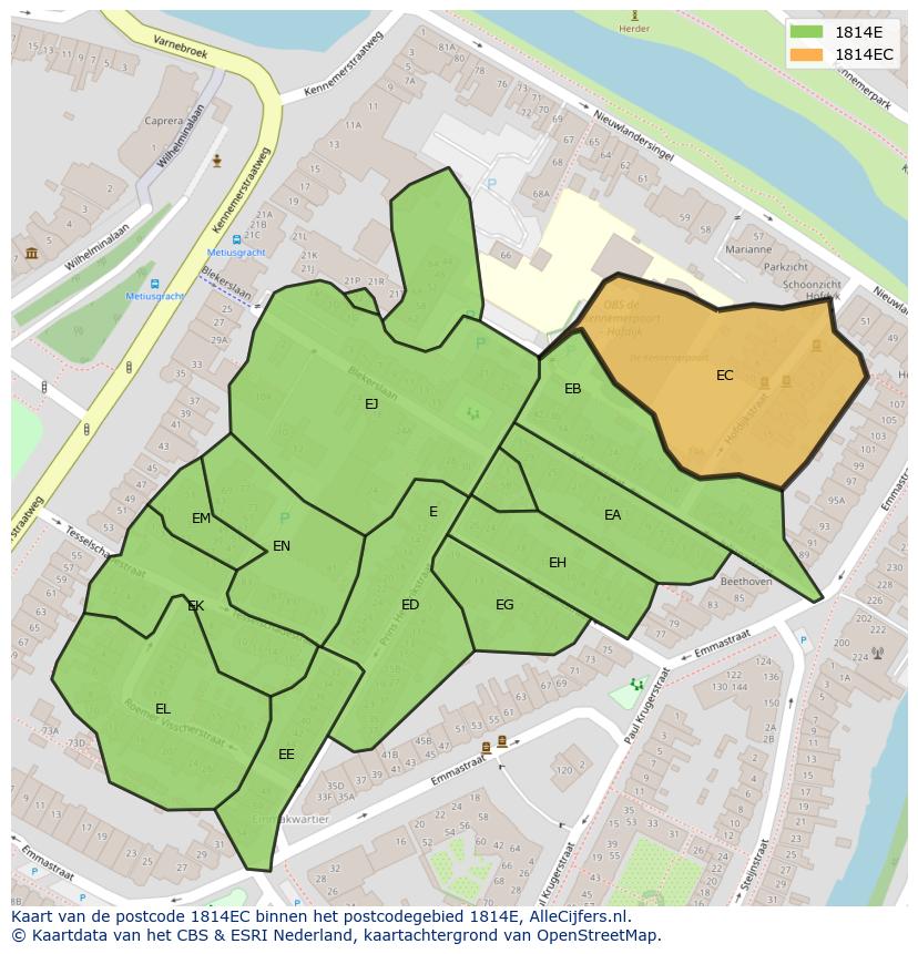 Afbeelding van het postcodegebied 1814 EC op de kaart.