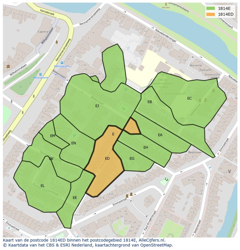 Afbeelding van het postcodegebied 1814 ED op de kaart.