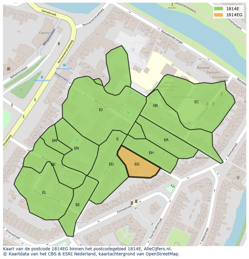 Afbeelding van het postcodegebied 1814 EG op de kaart.