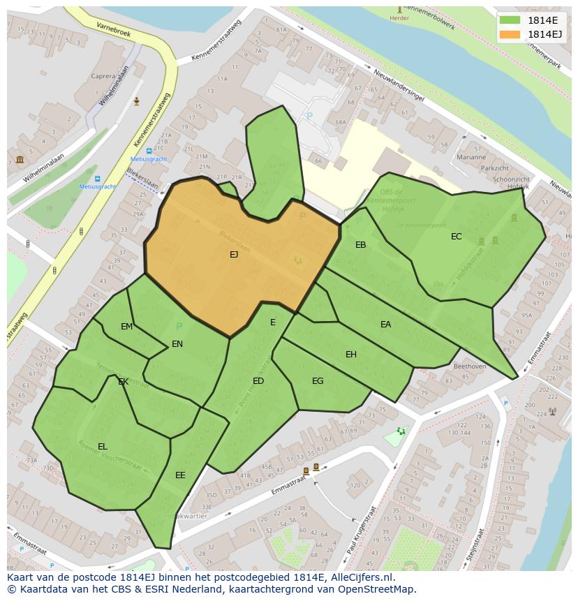 Afbeelding van het postcodegebied 1814 EJ op de kaart.