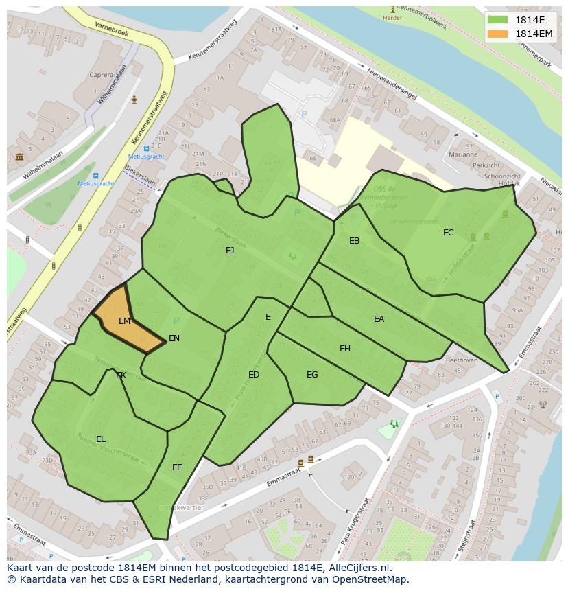 Afbeelding van het postcodegebied 1814 EM op de kaart.