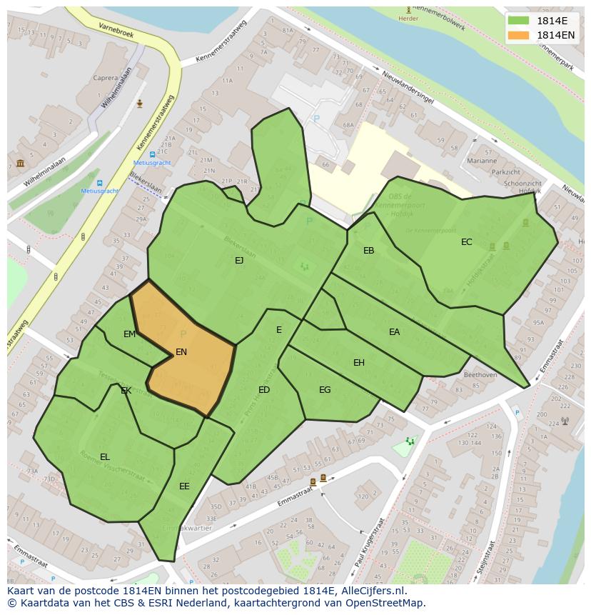 Afbeelding van het postcodegebied 1814 EN op de kaart.
