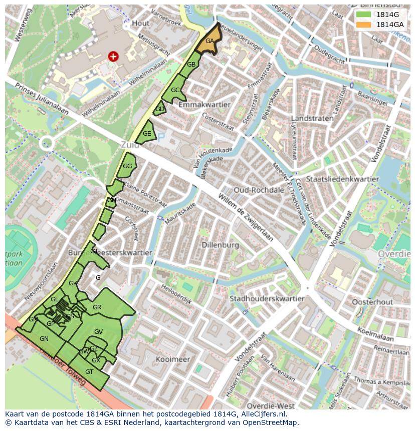 Afbeelding van het postcodegebied 1814 GA op de kaart.