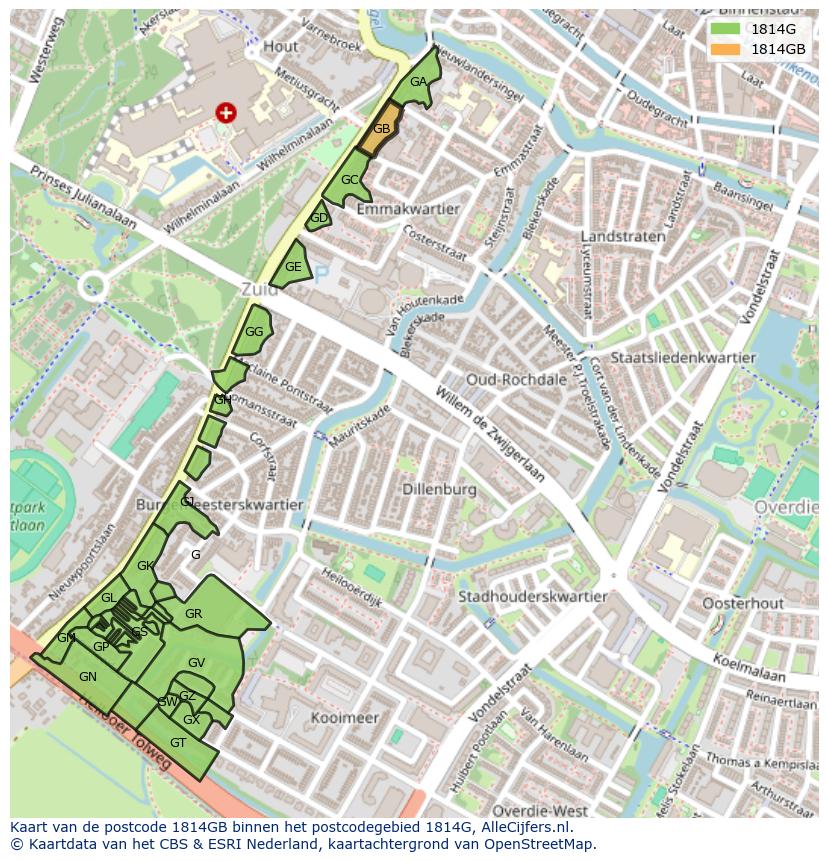 Afbeelding van het postcodegebied 1814 GB op de kaart.