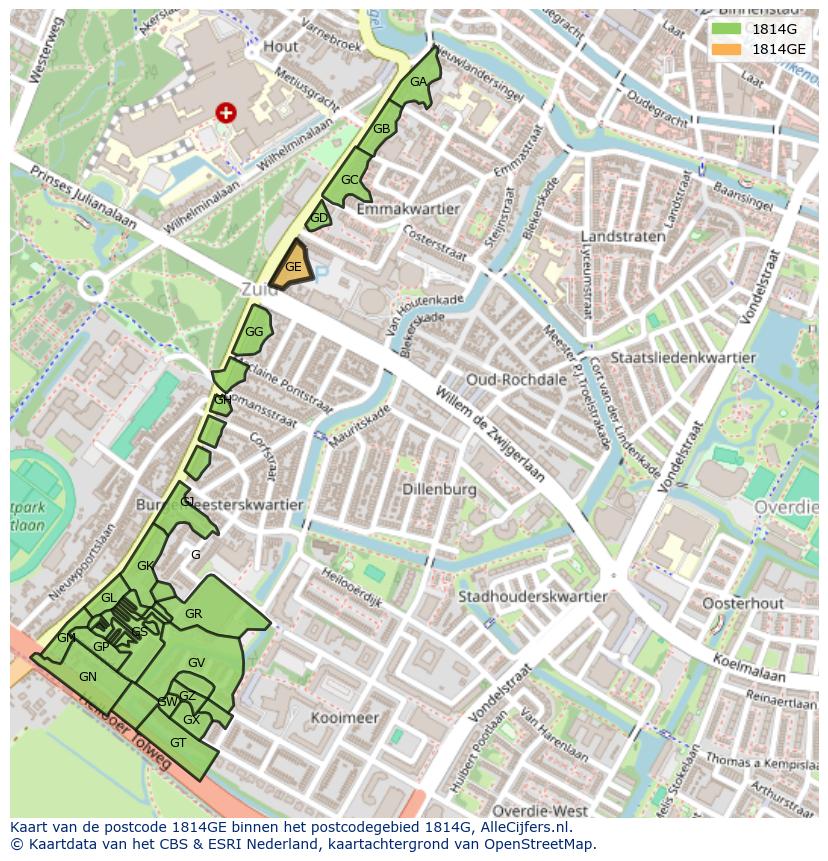 Afbeelding van het postcodegebied 1814 GE op de kaart.