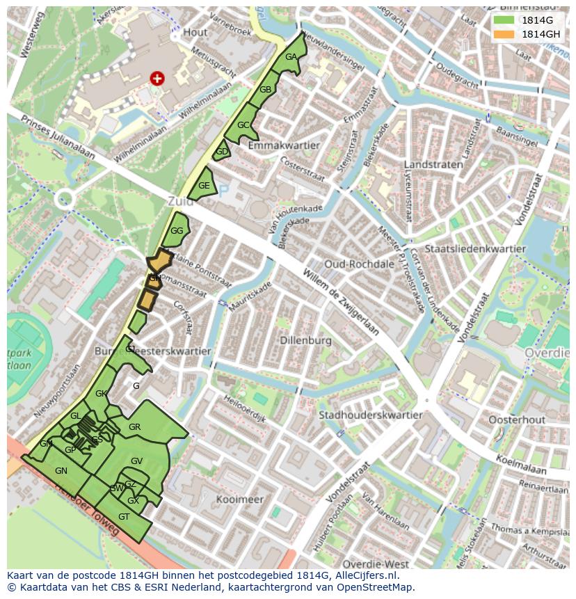 Afbeelding van het postcodegebied 1814 GH op de kaart.