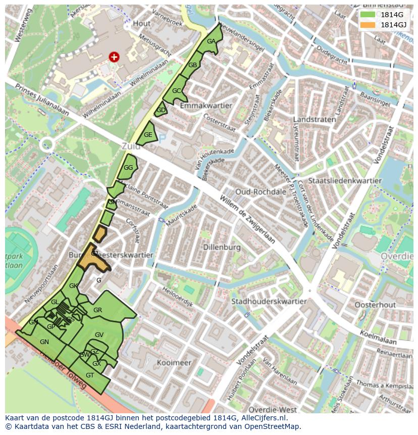 Afbeelding van het postcodegebied 1814 GJ op de kaart.