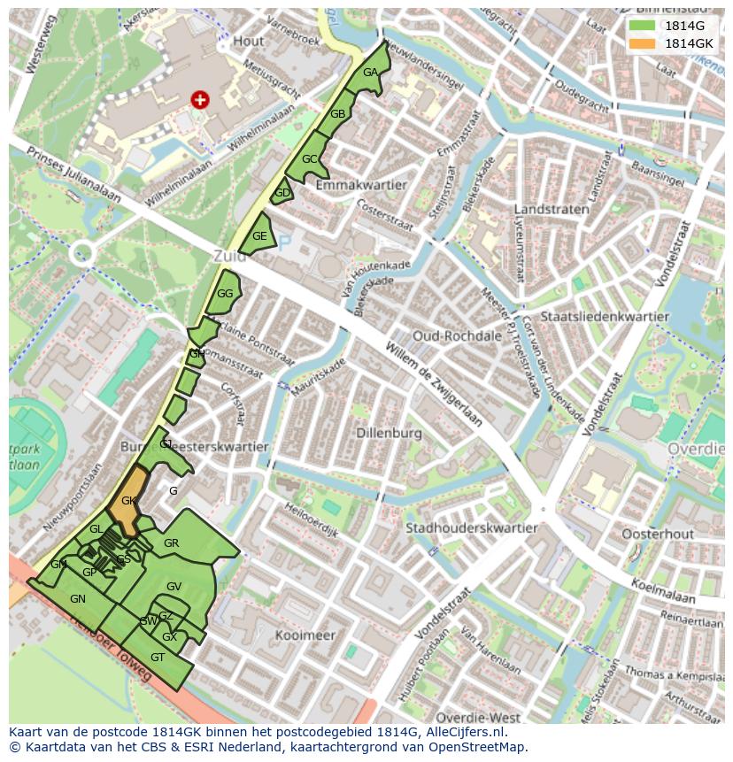 Afbeelding van het postcodegebied 1814 GK op de kaart.