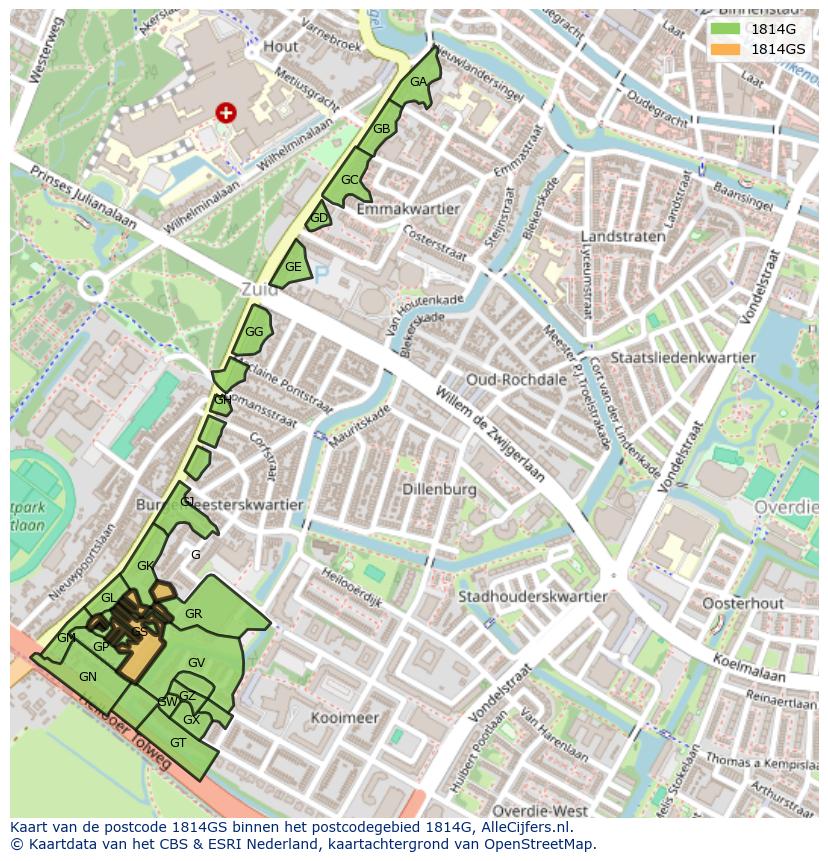 Afbeelding van het postcodegebied 1814 GS op de kaart.