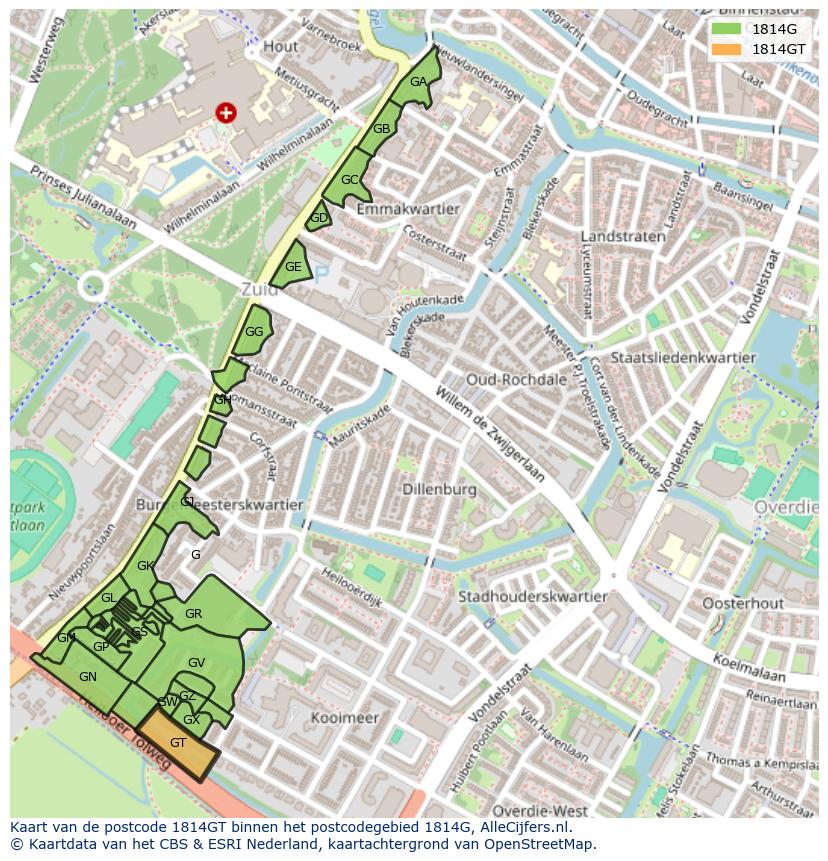 Afbeelding van het postcodegebied 1814 GT op de kaart.