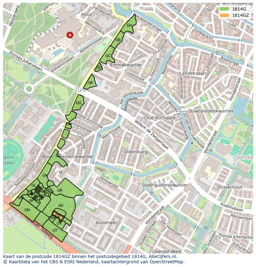 Afbeelding van het postcodegebied 1814 GZ op de kaart.