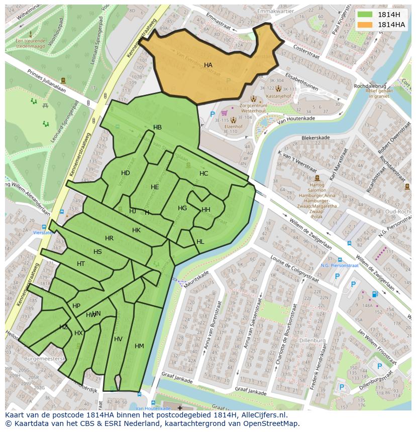 Afbeelding van het postcodegebied 1814 HA op de kaart.