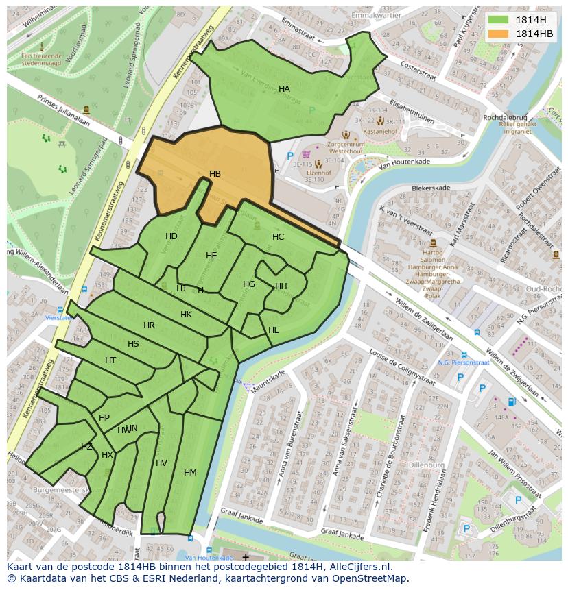 Afbeelding van het postcodegebied 1814 HB op de kaart.
