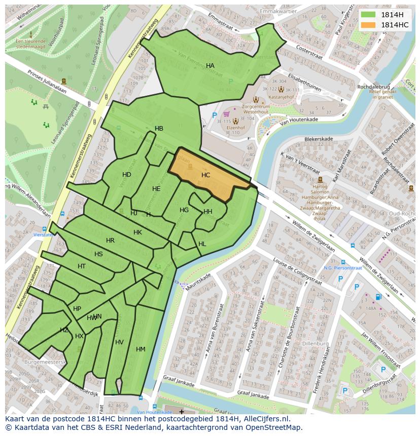 Afbeelding van het postcodegebied 1814 HC op de kaart.