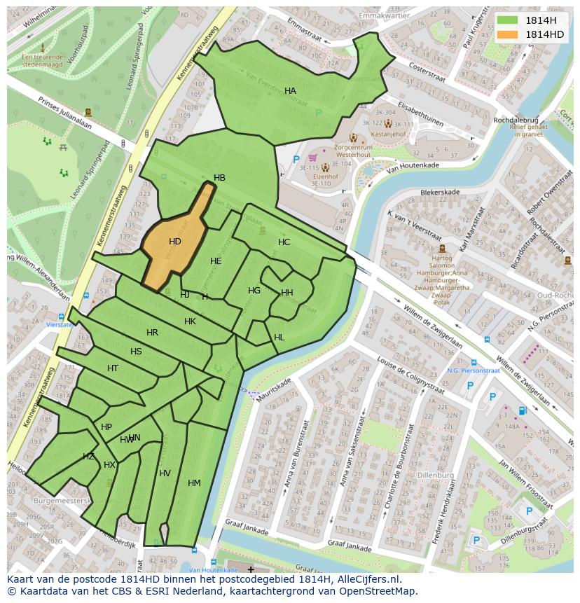 Afbeelding van het postcodegebied 1814 HD op de kaart.