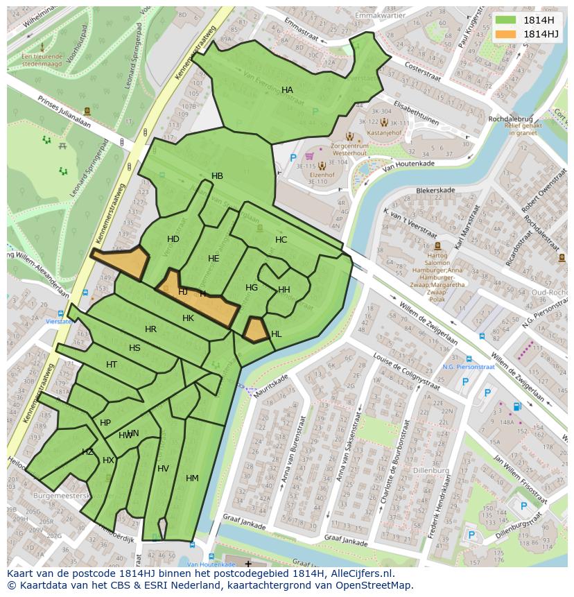 Afbeelding van het postcodegebied 1814 HJ op de kaart.