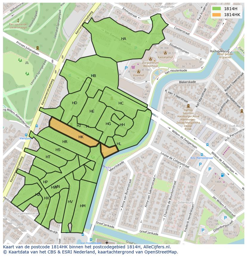 Afbeelding van het postcodegebied 1814 HK op de kaart.