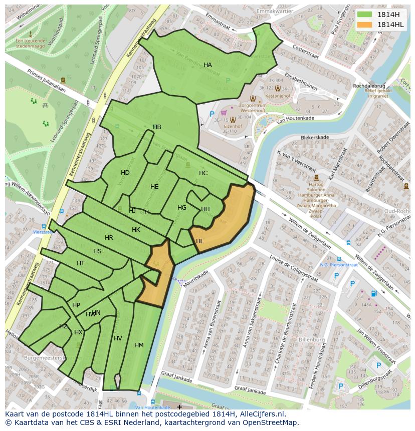 Afbeelding van het postcodegebied 1814 HL op de kaart.