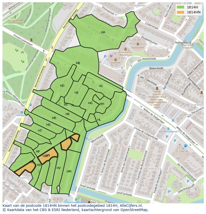 Afbeelding van het postcodegebied 1814 HN op de kaart.
