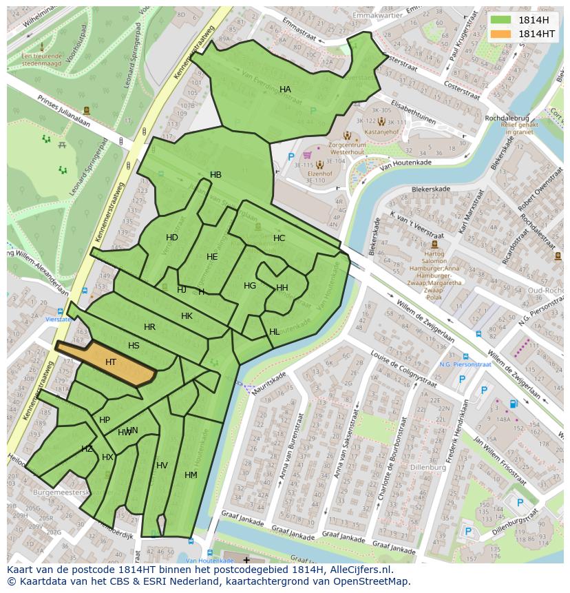 Afbeelding van het postcodegebied 1814 HT op de kaart.