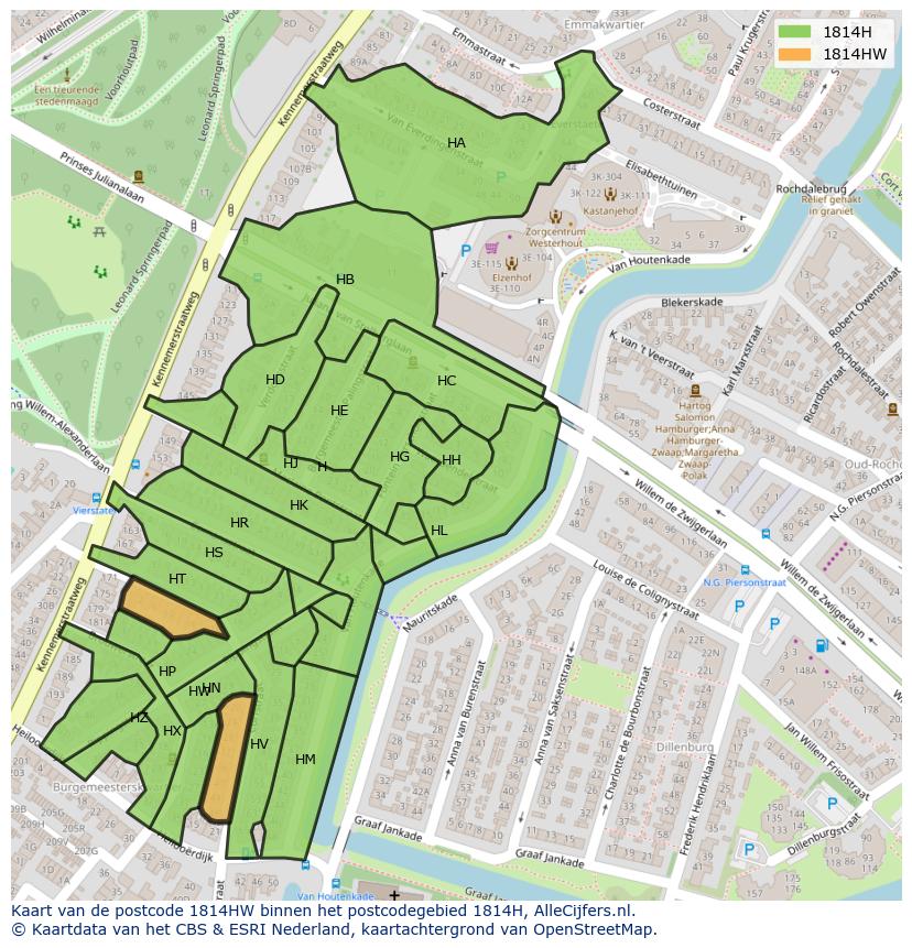 Afbeelding van het postcodegebied 1814 HW op de kaart.