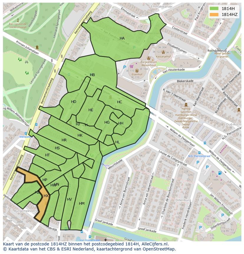 Afbeelding van het postcodegebied 1814 HZ op de kaart.