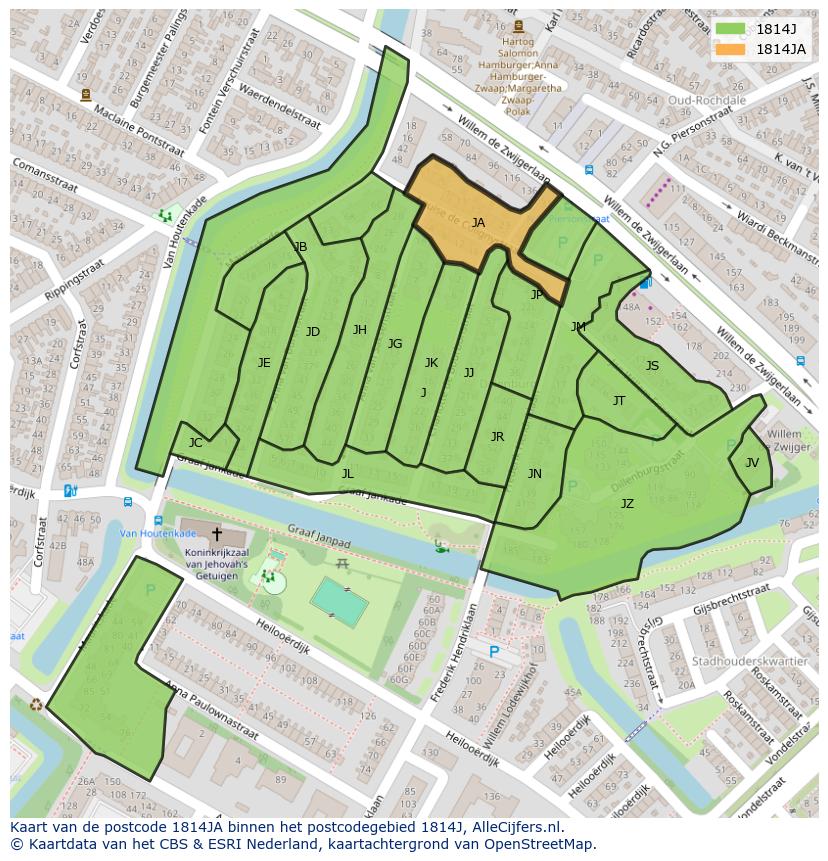 Afbeelding van het postcodegebied 1814 JA op de kaart.