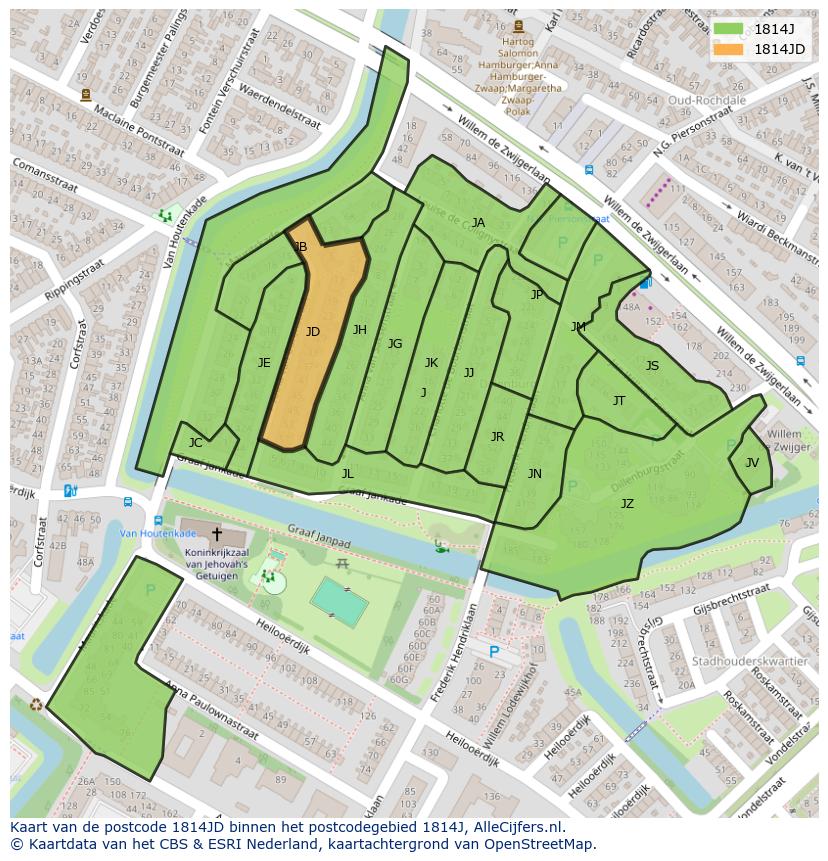 Afbeelding van het postcodegebied 1814 JD op de kaart.