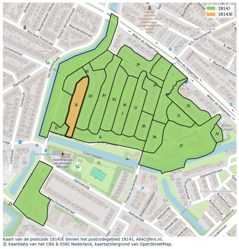Afbeelding van het postcodegebied 1814 JE op de kaart.