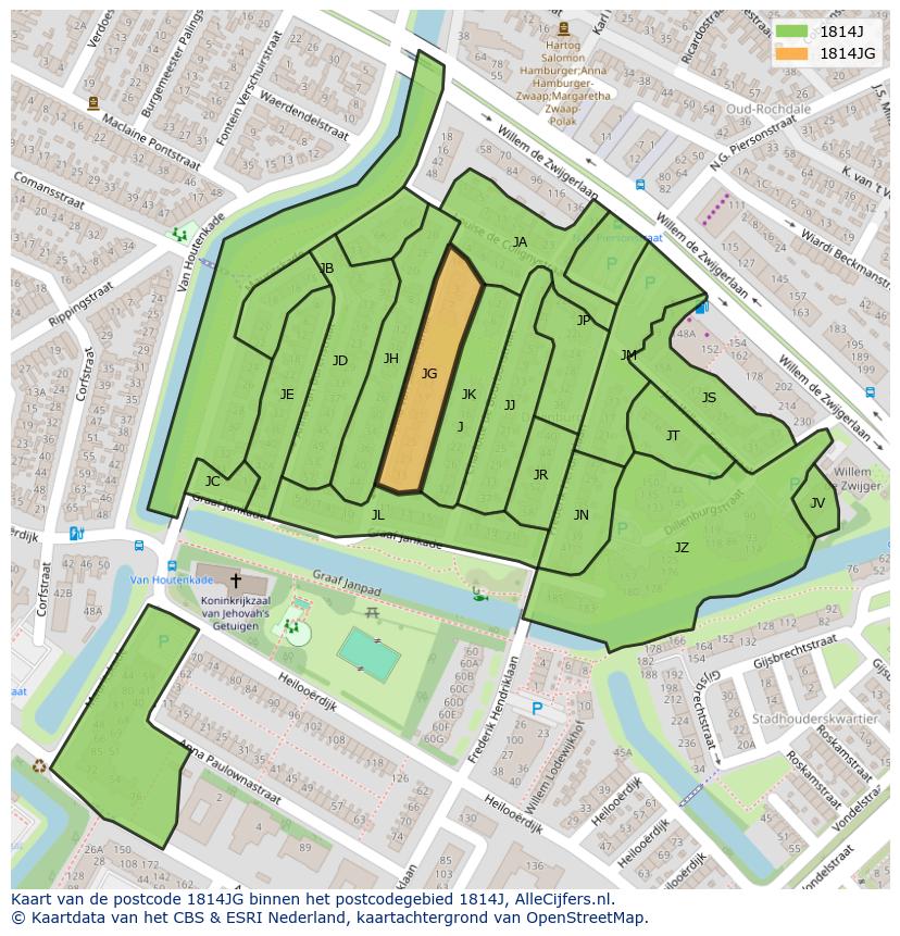 Afbeelding van het postcodegebied 1814 JG op de kaart.