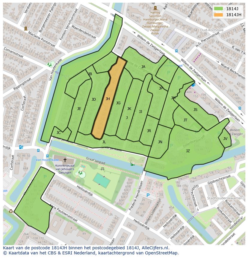 Afbeelding van het postcodegebied 1814 JH op de kaart.