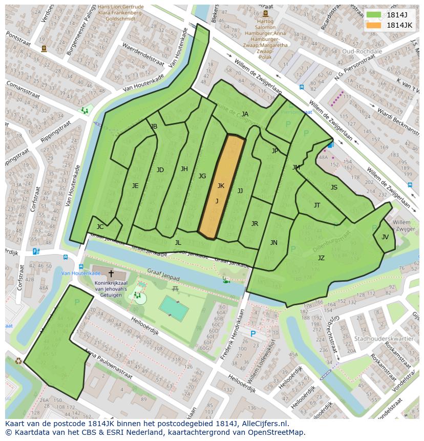 Afbeelding van het postcodegebied 1814 JK op de kaart.