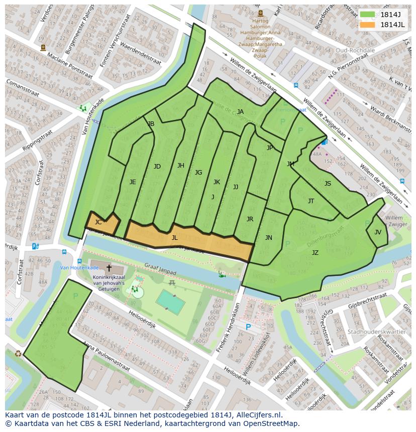 Afbeelding van het postcodegebied 1814 JL op de kaart.