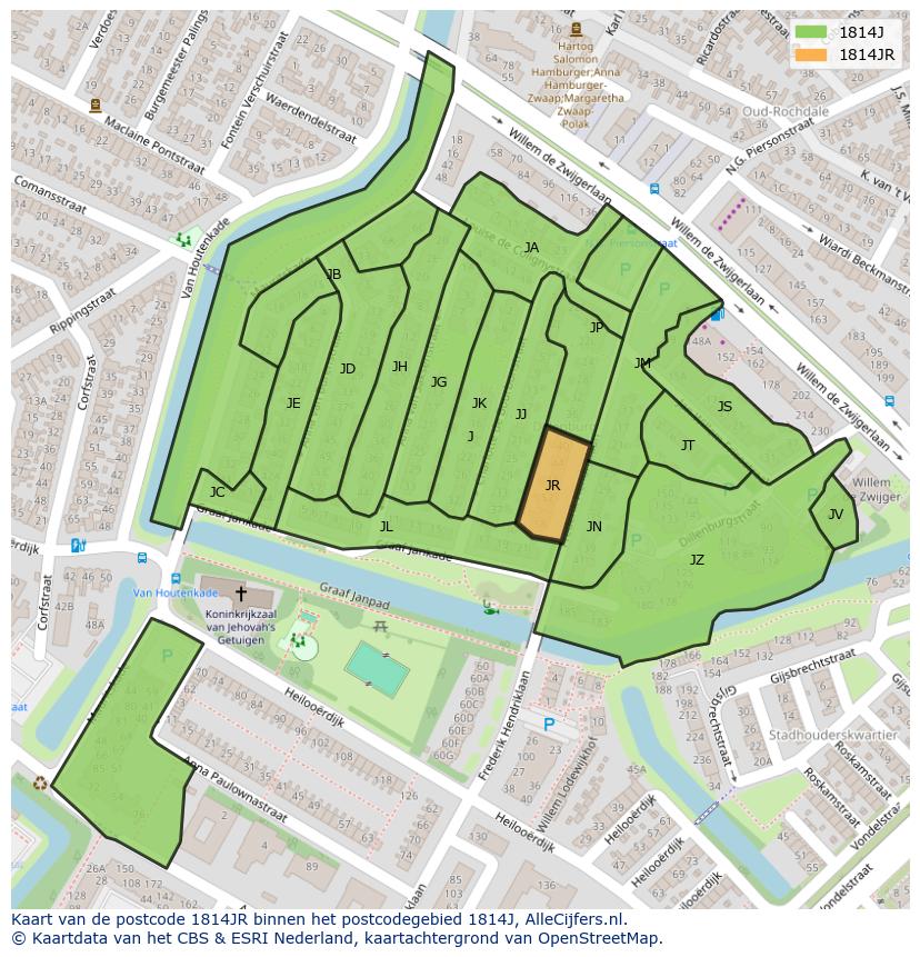 Afbeelding van het postcodegebied 1814 JR op de kaart.