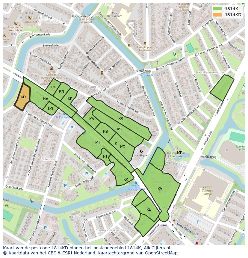 Afbeelding van het postcodegebied 1814 KD op de kaart.