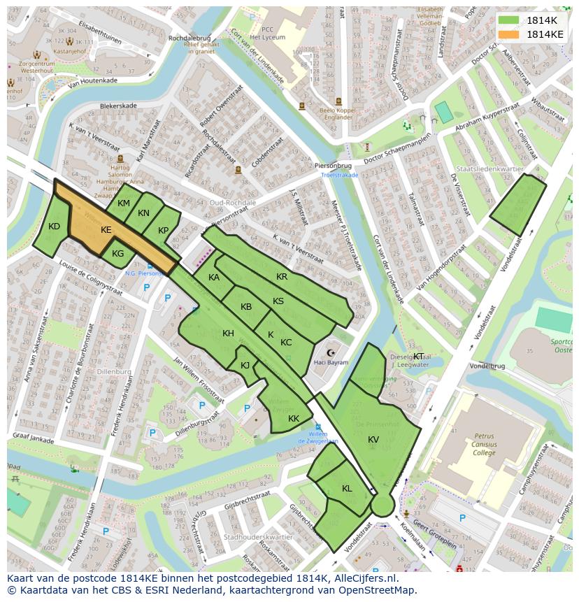 Afbeelding van het postcodegebied 1814 KE op de kaart.