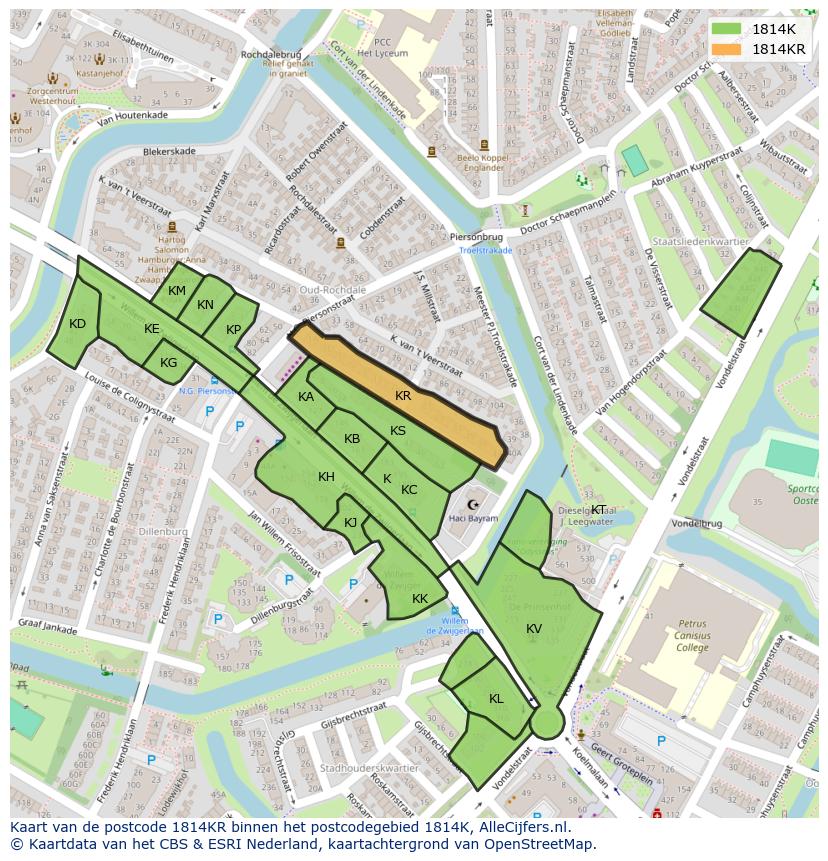 Afbeelding van het postcodegebied 1814 KR op de kaart.