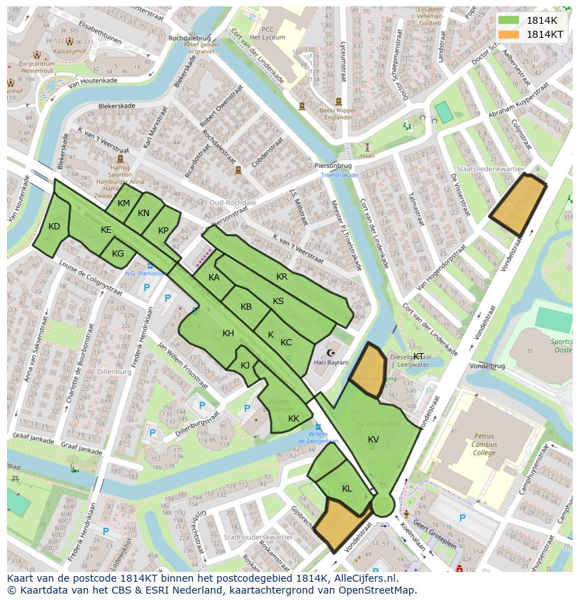 Afbeelding van het postcodegebied 1814 KT op de kaart.