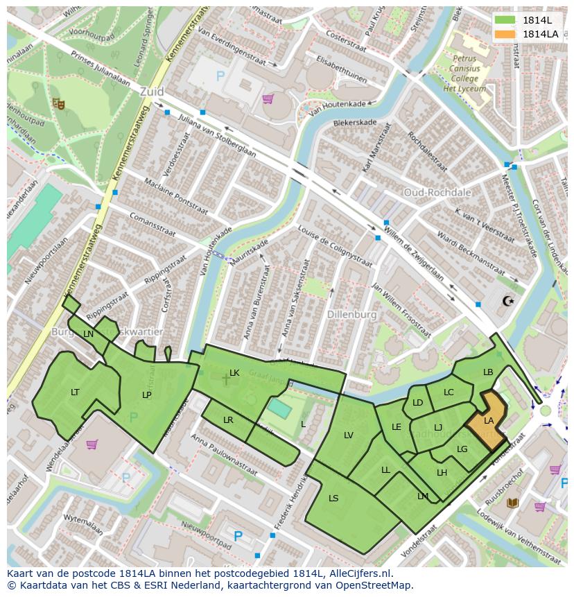 Afbeelding van het postcodegebied 1814 LA op de kaart.