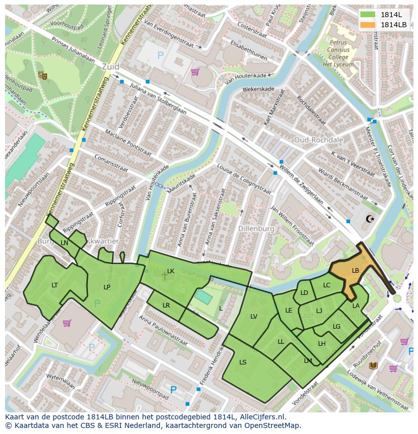 Afbeelding van het postcodegebied 1814 LB op de kaart.