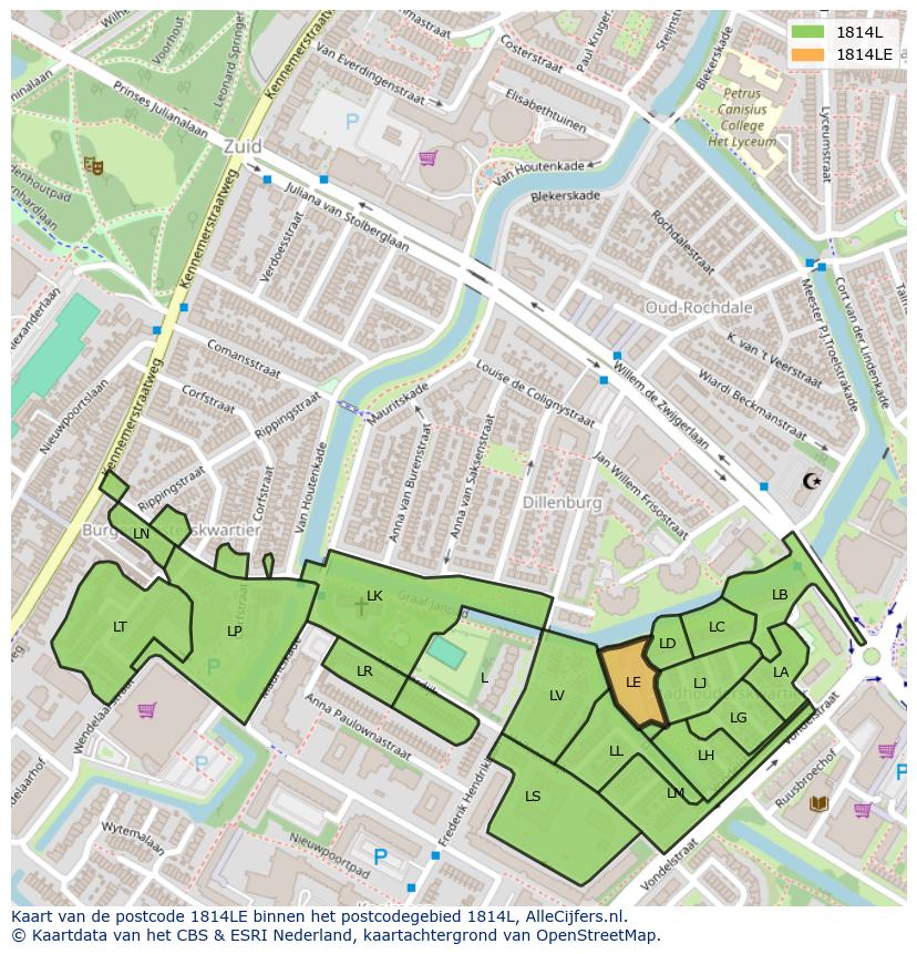Afbeelding van het postcodegebied 1814 LE op de kaart.