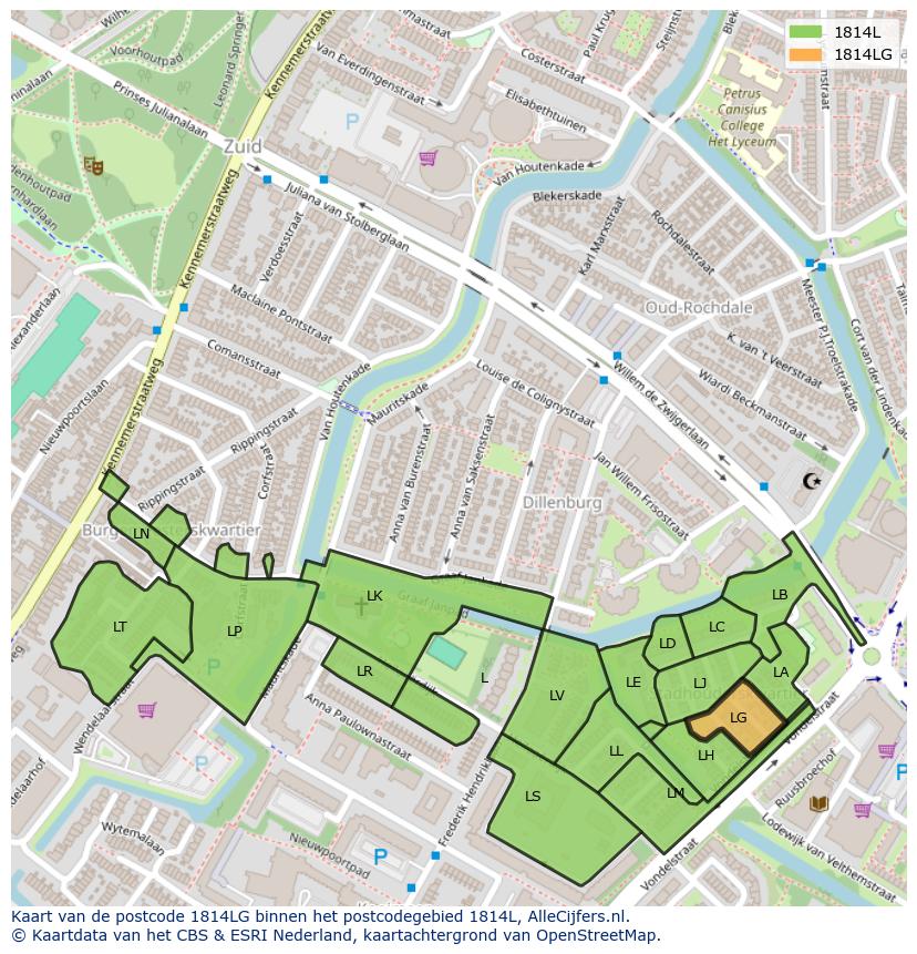 Afbeelding van het postcodegebied 1814 LG op de kaart.